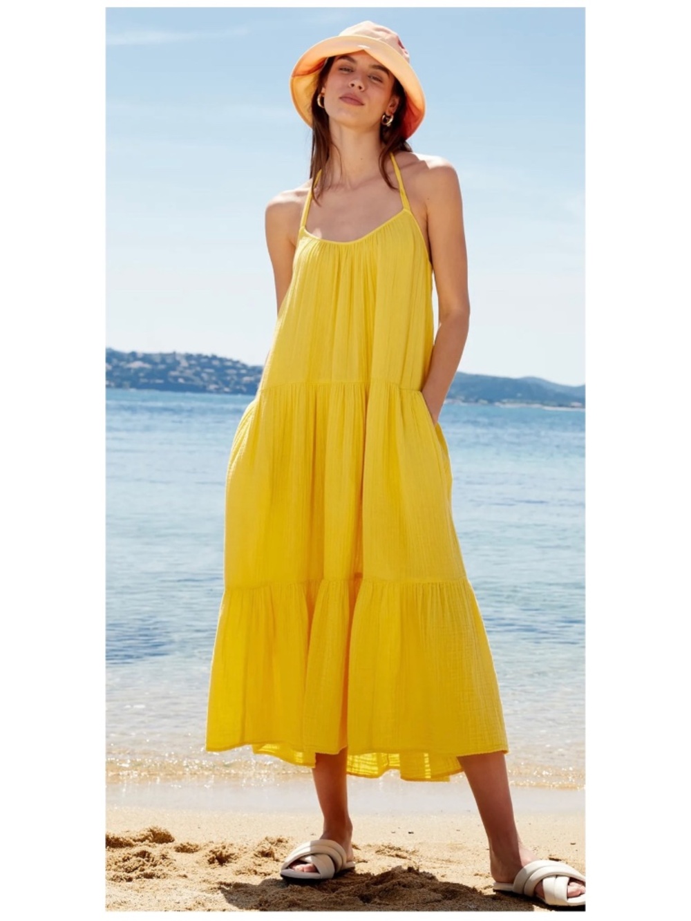 Como Vintage Yellow Tiered Spaghetti Strap Summer Dress, L